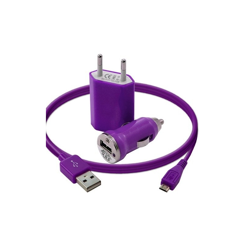 Pack chargeur 3en1 Auto/Maison/USB couleur Violet pour Samsung Galaxy S2, Galaxy S3, Galaxy S4, Galaxy S5, Galaxy S6
