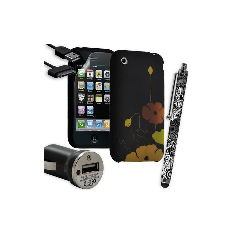 Housse Étui Coque en Gel + Chargeur Voiture Auto + Stylet pour Apple Iphone 3G / 3GS avec motif HF33