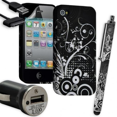 Housse Étui Coque en Gel + Chargeur Voiture Auto + Stylet pour Apple Iphone 4 / 4S avec motif HF18