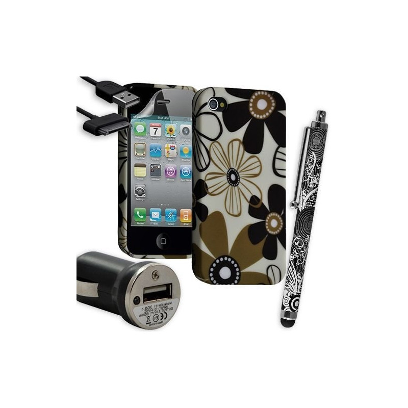 Housse Étui Coque en Gel + Chargeur Voiture Auto + Stylet pour Apple Iphone 4 / 4S avec motif HF28