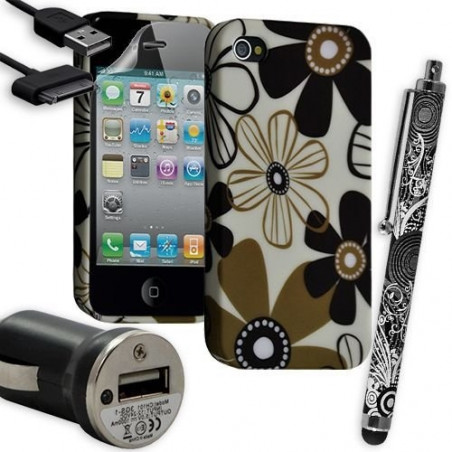 Housse Étui Coque en Gel + Chargeur Voiture Auto + Stylet pour Apple Iphone 4 / 4S avec motif HF28