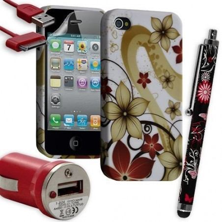 Housse Étui Coque en Gel + Chargeur Voiture Auto + Stylet pour Apple Iphone 4 / 4S avec motif HF29