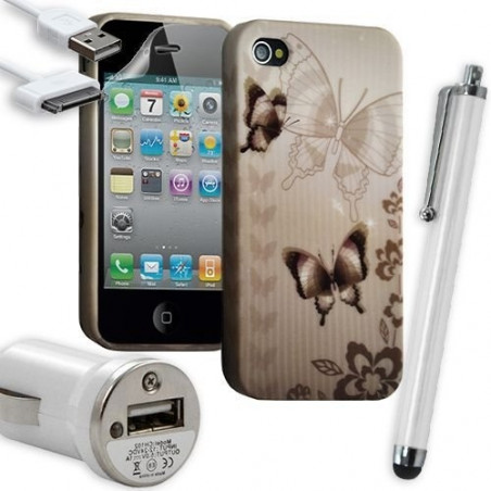 Housse Étui Coque en Gel + Chargeur Voiture Auto + Stylet pour Apple Iphone 4 / 4S avec motif HF31