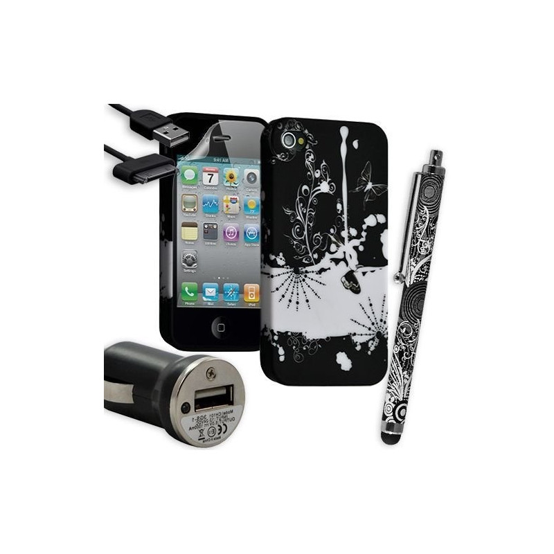 Housse Étui Coque en Gel + Chargeur Voiture Auto + Stylet pour Apple Iphone 4 / 4S avec motif HF32