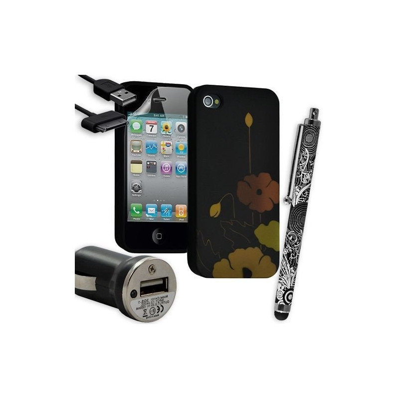 Housse Étui Coque en Gel + Chargeur Voiture Auto + Stylet pour Apple Iphone 4 / 4S avec motif HF33