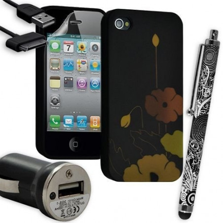 Housse Étui Coque en Gel + Chargeur Voiture Auto + Stylet pour Apple Iphone 4 / 4S avec motif HF33