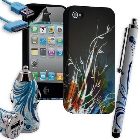 Housse Étui Coque en Gel + Chargeur Voiture Auto + Stylet pour Apple Iphone 4 / 4S avec motif HF34