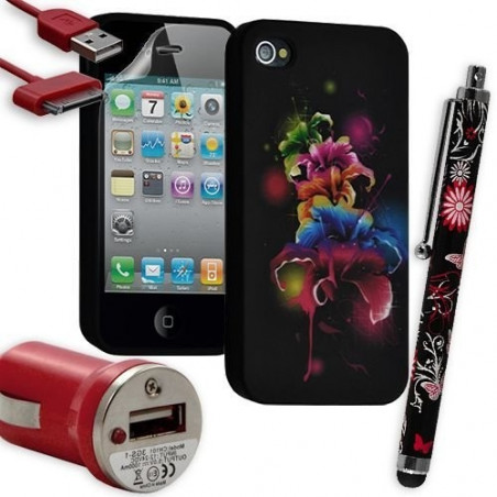 Housse Étui Coque en Gel + Chargeur Voiture Auto + Stylet pour Apple Iphone 4 / 4S avec motif HF35