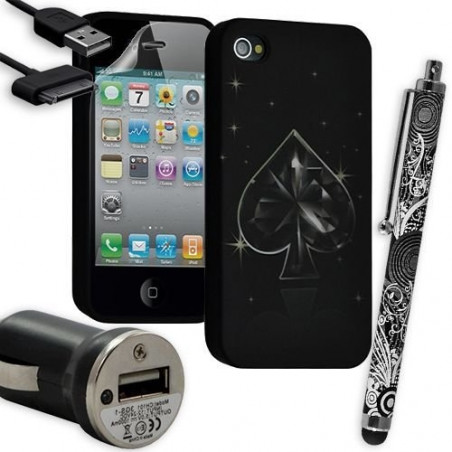 Housse Étui Coque en Gel + Chargeur Voiture Auto + Stylet pour Apple Iphone 4 / 4S avec motif LM15