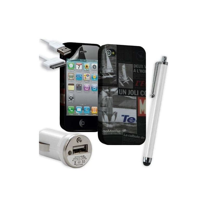 Housse Étui Coque en Gel + Chargeur Voiture Auto + Stylet pour Apple Iphone 4 / 4S avec motif LM17