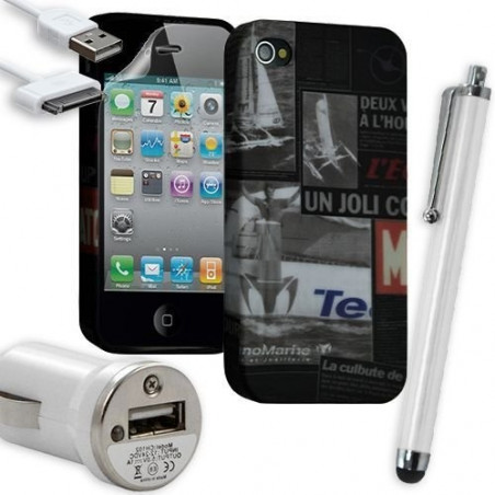 Housse Étui Coque en Gel + Chargeur Voiture Auto + Stylet pour Apple Iphone 4 / 4S avec motif LM17