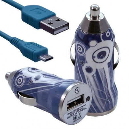Chargeur Voiture Allume Cigare USB avec Câble Data avec Motif CV07 pour Sony Xperia E