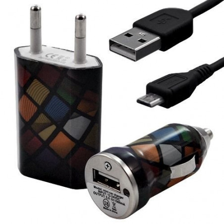 Mini Chargeur 3en1 Auto et Secteur USB avec Câble Data avec Motif CV02 pour Sony Xperia E