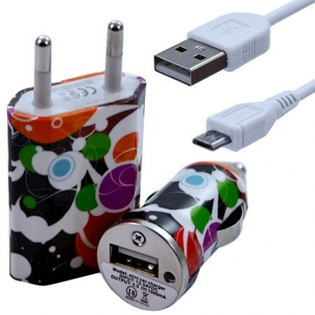 Mini Chargeur 3en1 Auto et Secteur USB avec Câble Data avec Motif CV12 pour Sony Xperia E