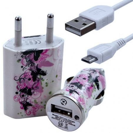 Mini Chargeur 3en1 Auto et Secteur USB avec Câble Data avec Motif CV14 pour Sony Xperia E