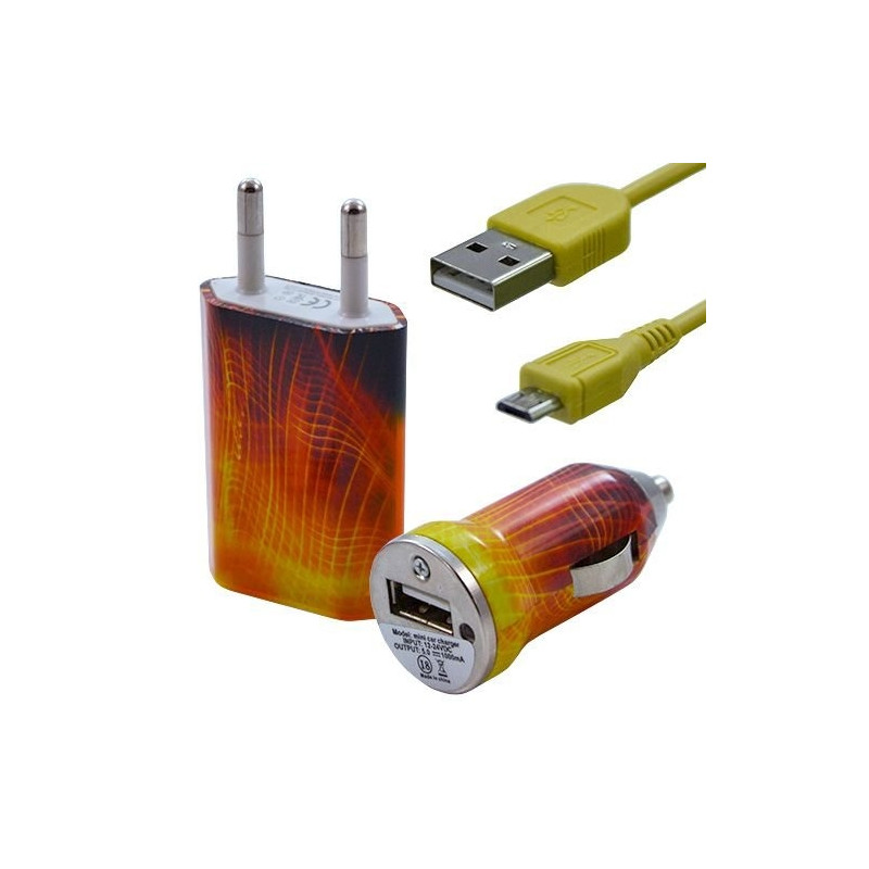 Mini Chargeur 3en1 Auto et Secteur USB avec Câble Data avec Motif CV05 pour Acer : Betouch E400 / Liquid E1 / Liquid Gallant Du
