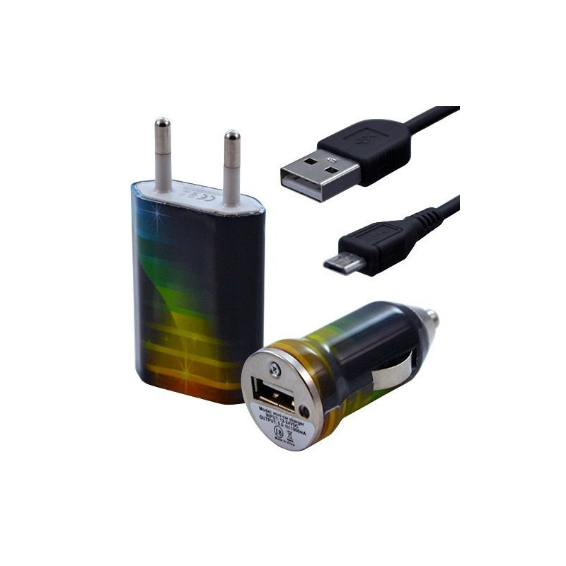 Mini Chargeur 3en1 Auto et Secteur USB avec Câble Data avec Motif CV06 pour Acer : Betouch E400 / Liquid E1 / Liquid Gallant Du