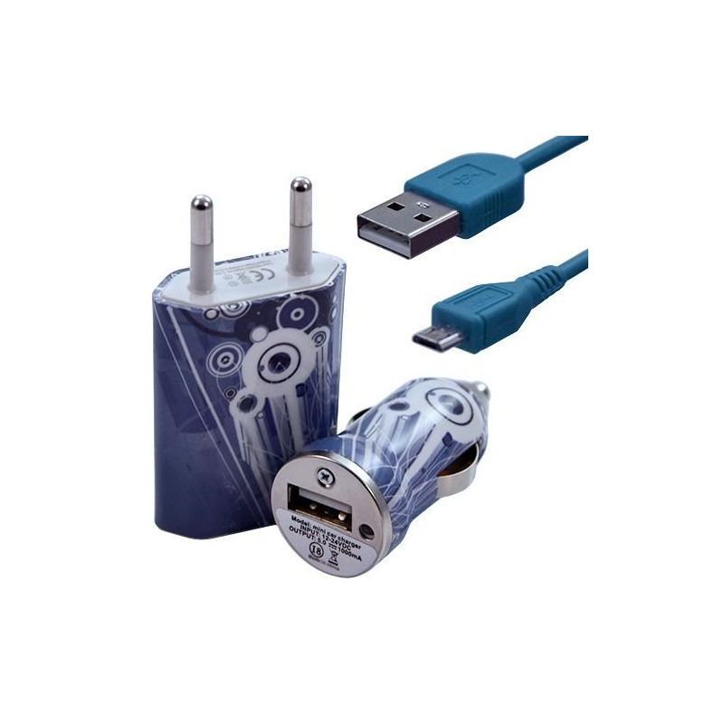 Mini Chargeur 3en1 Auto et Secteur USB avec Câble Data avec Motif CV07 pour Acer : Betouch E400 / Liquid E1 / Liquid Gallant Du