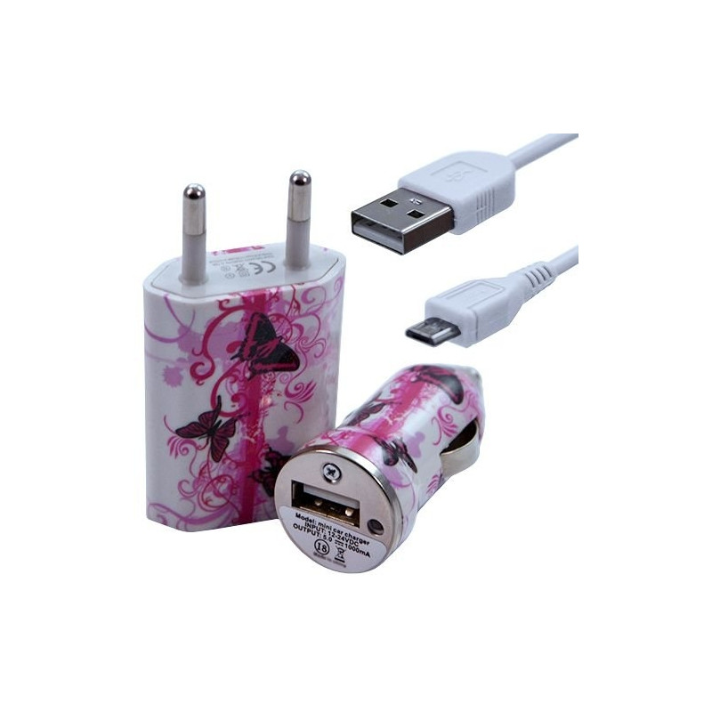 Mini Chargeur 3en1 Auto et Secteur USB avec Câble Data avec Motif CV09 pour Acer : Betouch E400 / Liquid E1 / Liquid Gallant Du