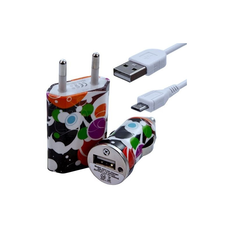 Mini Chargeur 3en1 Auto et Secteur USB avec Câble Data avec Motif CV12 pour Acer : Betouch E400 / Liquid E1 / Liquid Gallant Du