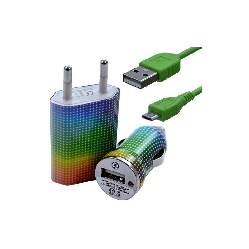 Mini Chargeur 3en1 Auto et Secteur USB avec Câble Data avec Motif CV13 pour Acer : Betouch E400 / Liquid E1 / Liquid Gallant Du