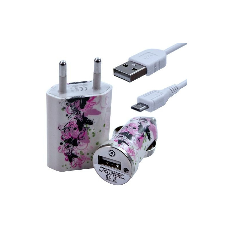 Mini Chargeur 3en1 Auto et Secteur USB avec Câble Data avec Motif CV14 pour Acer : Betouch E400 / Liquid E1 / Liquid Gallant Du