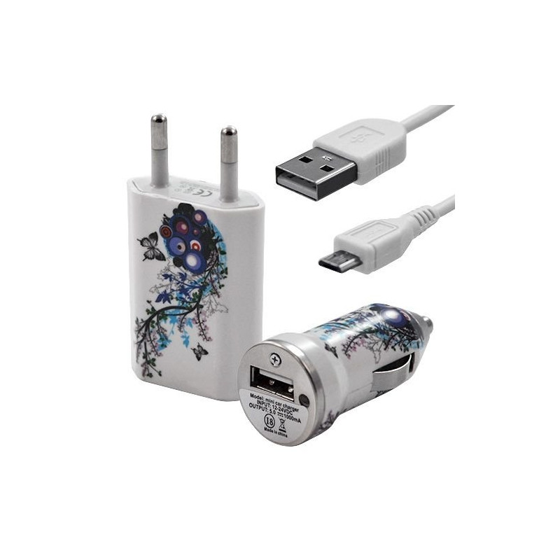 Mini Chargeur 3en1 Auto et Secteur USB avec Câble Data avec Motif HF01 pour Acer : Betouch E400 / Liquid E1 / Liquid Gallant Du