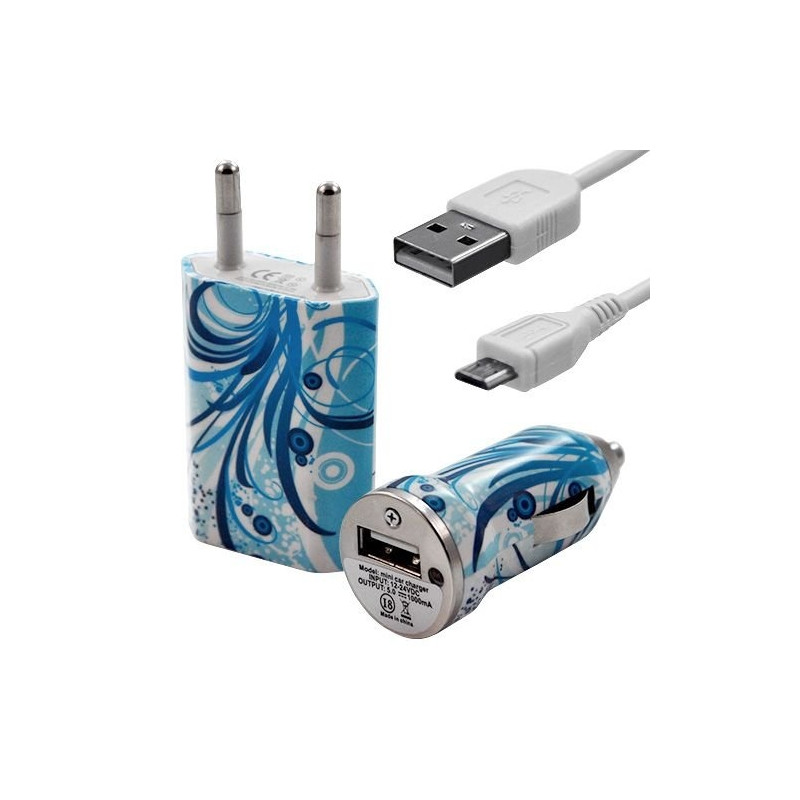 Mini Chargeur 3en1 Auto et Secteur USB avec Câble Data avec Motif HF08 pour Acer : Betouch E400 / Liquid E1 / Liquid Gallant Du