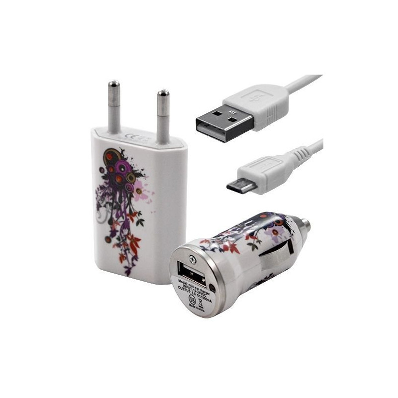 Mini Chargeur 3en1 Auto et Secteur USB avec Câble Data avec Motif HF12 pour Acer : Betouch E400 / Liquid E1 / Liquid Gallant Du