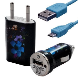 Mini Chargeur 3en1 Auto et Secteur USB avec Câble Data avec Motif HF16 pour Acer : Betouch E400 / Liquid E1 / Liquid Gallant Du