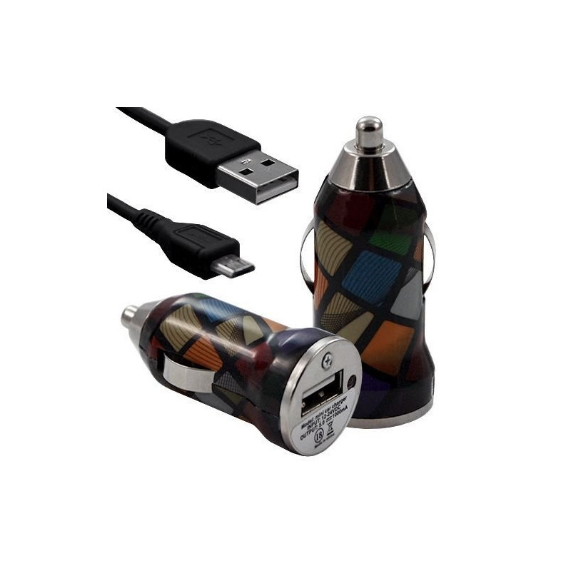 Chargeur Voiture Allume Cigare USB avec Câble Data avec Motif CV02 pour Alcatel One Touch : 282 / 355 / 358 / 585 / 813