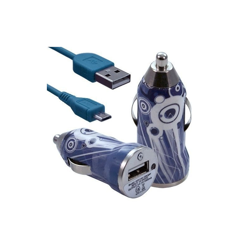 Chargeur Voiture Allume Cigare USB avec Câble Data avec Motif CV07 pour Alcatel One Touch : 282 / 355 / 358 / 585 / 813