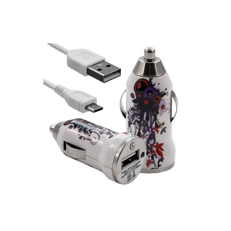 Chargeur Voiture Allume Cigare USB avec Câble Data avec Motif HF12 pour Alcatel One Touch : 282 / 355 / 358 / 585 / 813