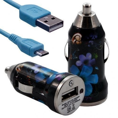 Chargeur Voiture Allume Cigare USB avec Câble Data avec Motif HF16 pour Alcatel One Touch : 282 / 355 / 358 / 585 / 813