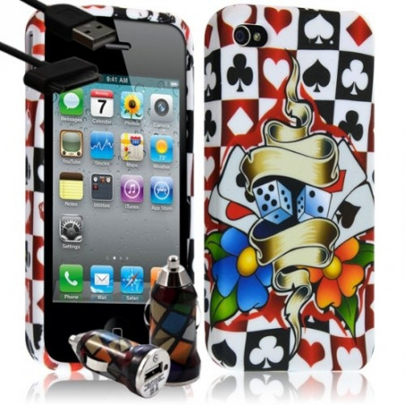 Housse Etui Coque pour Apple Iphone 4 / 4S motif HF14 + Chargeur Auto