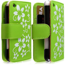 Housse étui portefeuille pour Apple Iphone 3G / 3GS motif fleur couleur vert + film écran