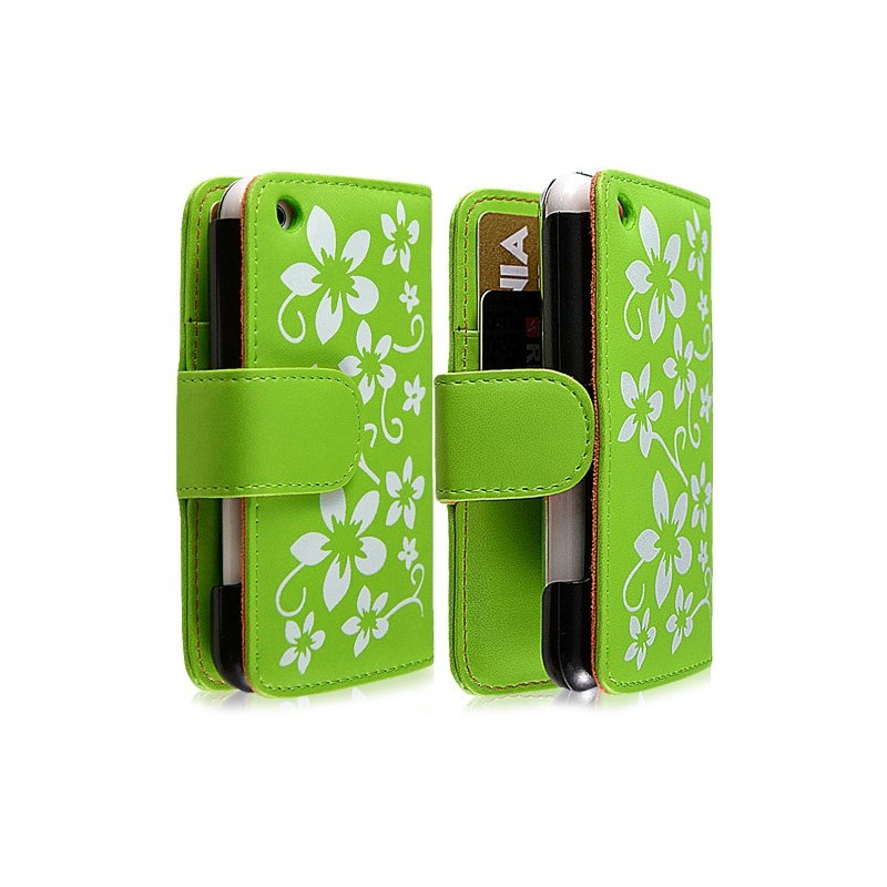Housse étui portefeuille pour Apple Iphone 3G / 3GS motif fleur couleur vert + film écran