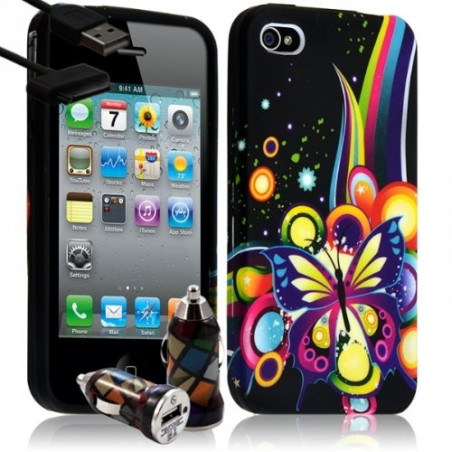 Housse Etui Coque pour Apple Iphone 4 / 4S motif HF05 + Chargeur Auto