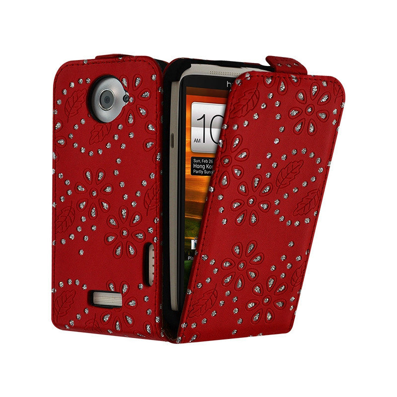 Housse Coque Etui de Protection avec Diamant Couleur Rouge pour HTC One X