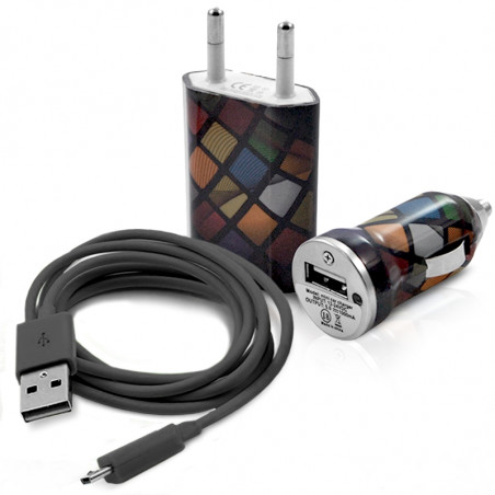 Mini Chargeur 3en1 Auto et Secteur USB avec Câble Data avec Motif CV02 pour ZTE Windows Phone Internet 7