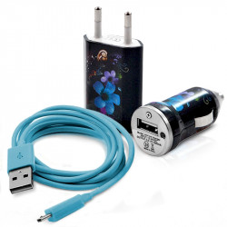 Mini Chargeur 3en1 Auto et Secteur USB avec Câble Data avec Motif HF16 pour ZTE Windows Phone Internet 7