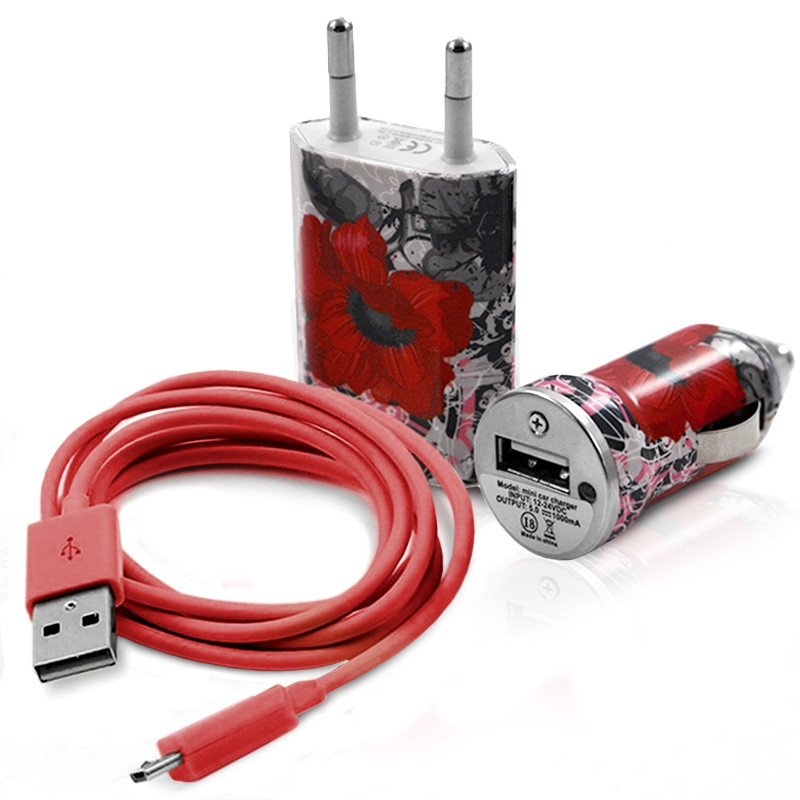 Mini Chargeur 3en1 Auto et Secteur USB avec Câble Data avec Motif CV01 pour Alcatel One Touch : 282 / 355 / 358 / 585 / 813