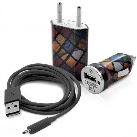 Mini Chargeur 3en1 Auto et Secteur USB avec Câble Data avec Motif CV02 pour Alcatel One Touch : 282 / 355 / 358 / 585 / 813