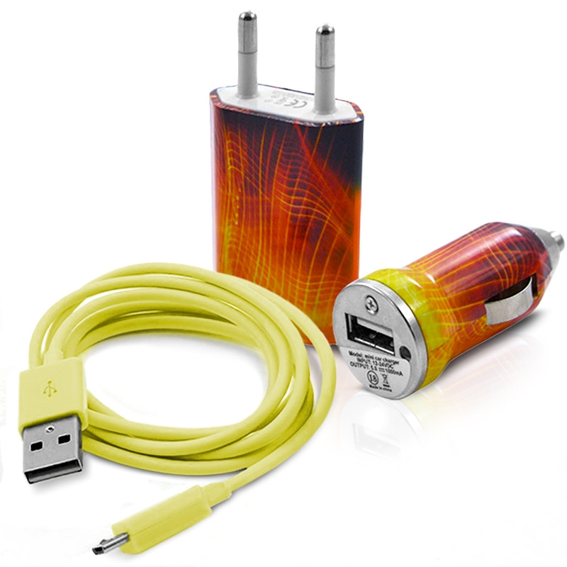Mini Chargeur 3en1 Auto et Secteur USB avec Câble Data avec Motif CV05 pour Alcatel One Touch : 282 / 355 / 358 / 585 / 813