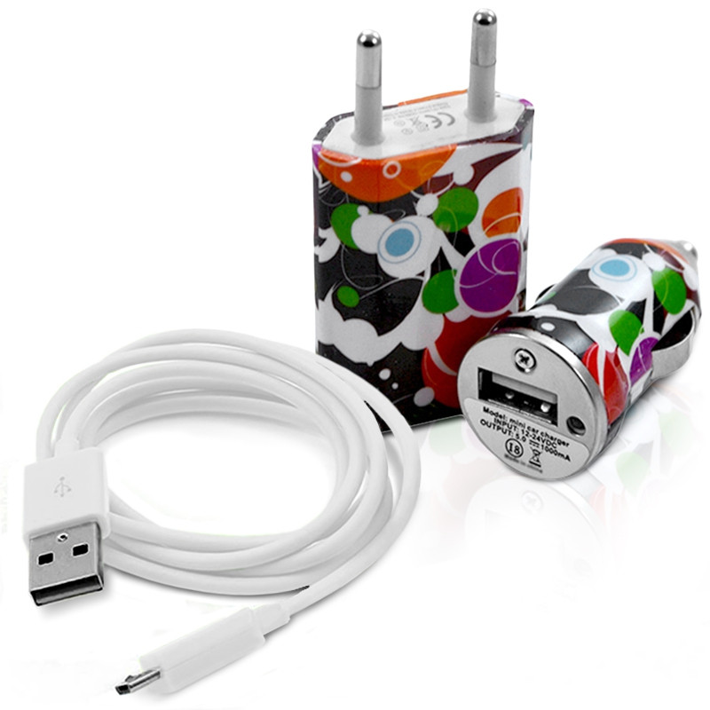 Mini Chargeur 3en1 Auto et Secteur USB avec Câble Data avec Motif CV12 pour Alcatel One Touch : 282 / 355 / 358 / 585 / 813