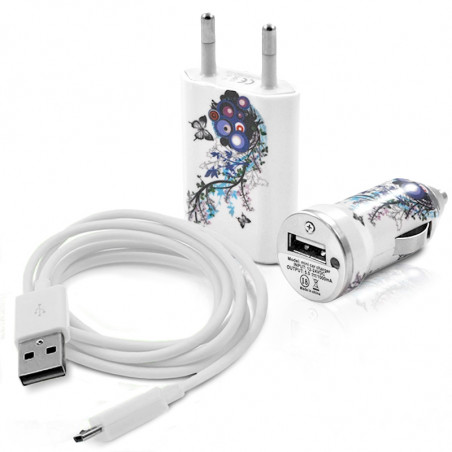 Mini Chargeur 3en1 Auto et Secteur USB avec Câble Data avec Motif HF01 pour Alcatel One Touch : 282 / 355 / 358 / 585 / 813