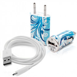 Mini Chargeur 3en1 Auto et Secteur USB avec Câble Data avec Motif HF08 pour Alcatel One Touch : 282 / 355 / 358 / 585 / 813