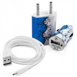Mini Chargeur 3en1 Auto et Secteur USB avec Câble Data avec Motif HF25 pour Alcatel One Touch : 282 / 355 / 358 / 585 / 813