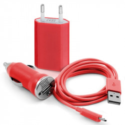 Chargeur maison + allume cigare USB + câble data pour Wiko Darkside Couleur Rouge