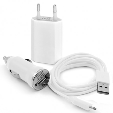 Chargeur maison + allume cigare USB + câble data pour Wiko Darkside Couleur Blanc